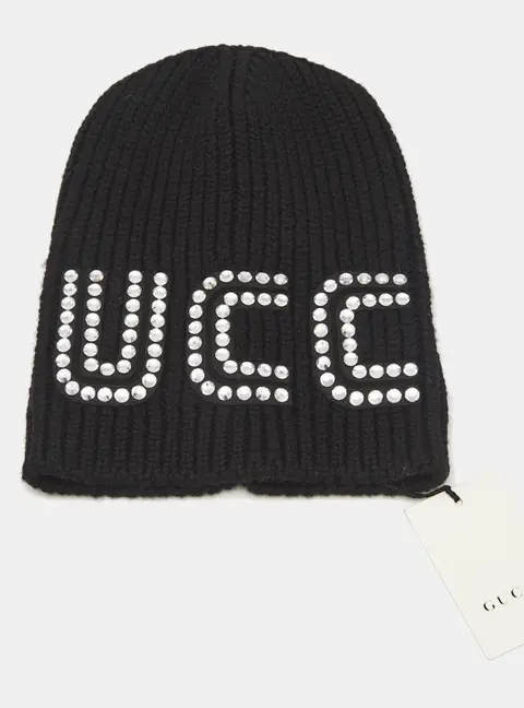 Gucci Black Crystal Guccy Detail Rib Knit Beanie M