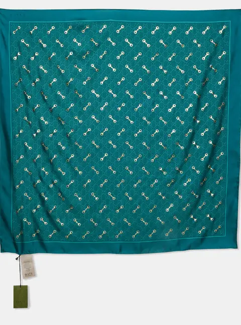Gucci Green/Gold Monogram Horsebit Print Silk Carr&eacute; Scarf