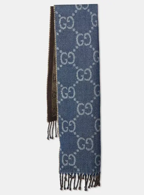 Gucci Blue/Brown GG Jacquard Wool Reversible Scarf