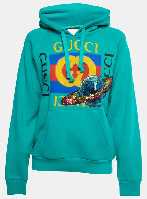 Gucci Teal Blue Cotton Planet Sequined Hooded Sweatshirt XS