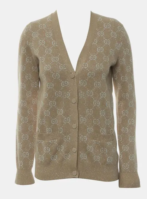 Gucci Light Brown, Camel, Beige Cotton, Metallised Fiber, GG Jacquard Cardigan XS