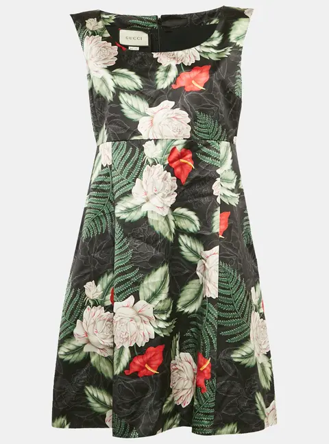 Gucci Black Printed Satin Silk Sleeveless Short Dress L