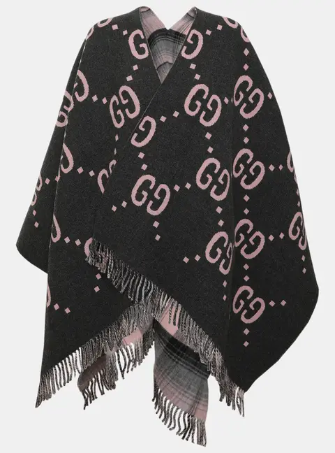 Gucci Dark Grey/Pink GG Logo Wool Reversible Poncho/Cape