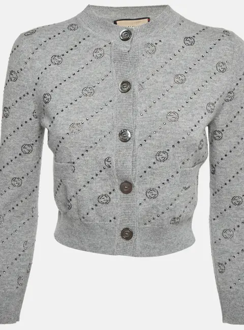 Gucci Grey Embellished Monogram Cashmere Cardigan XXS