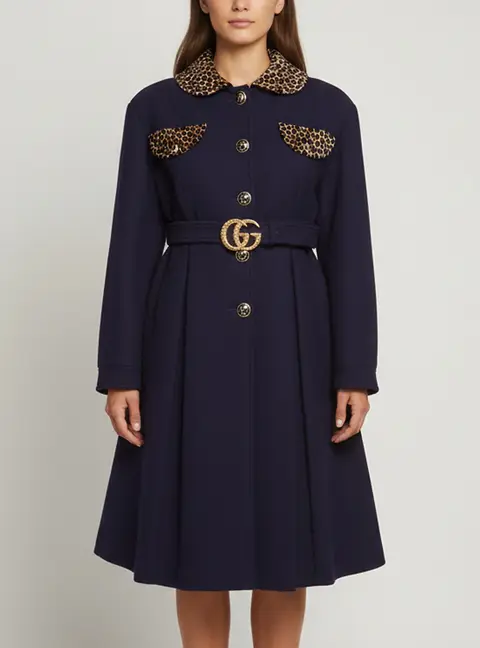 Gucci Navy Blue Leopard Print Trim Felt Wool Coat S