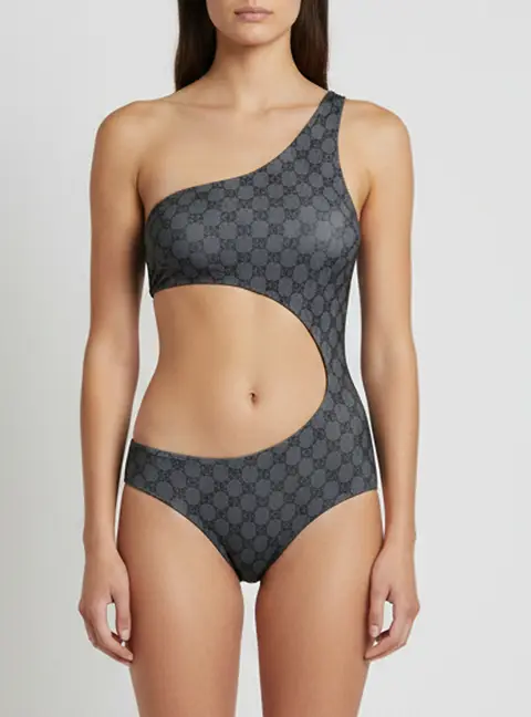 Gucci Black Monogram Print Jersey Cut-Out One-Shoulder Swimsuit XS
