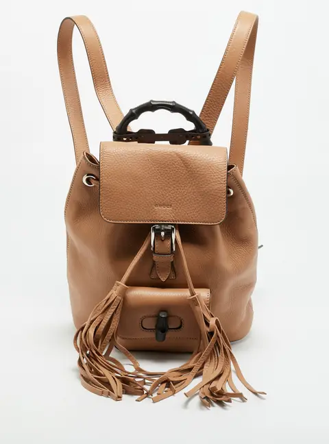 Gucci Bamboo Tassel Beige Leather Drawstring Backpack