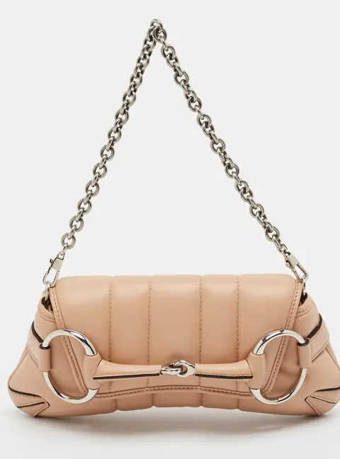 Gucci Maxi Horsebit Small Beige Vertical Matelass&eacute; Leather Shoulder Bag