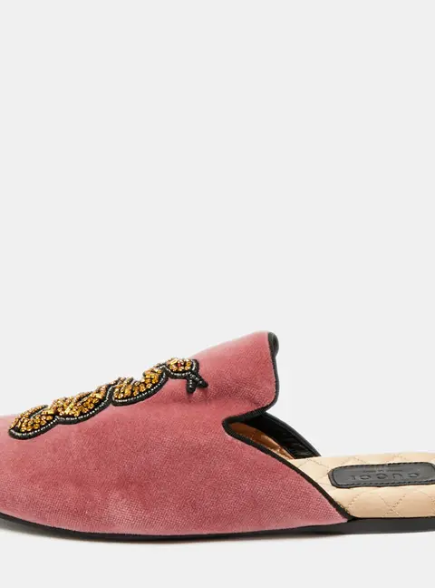 Gucci Lawrence Size 36.5 Pink Velvet Crystal Embellished Flat Mules