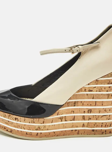 Gucci Beige Patent Leather Cork Wedge Pumps Size 36.5