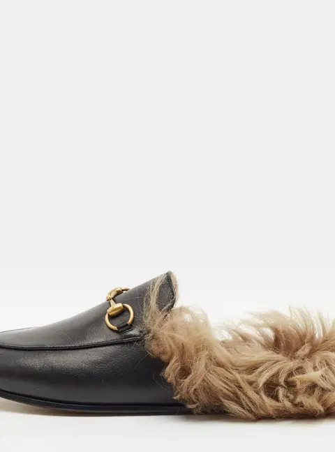 Gucci Princetown Size 36 Black Fur and Leather Flat Mules