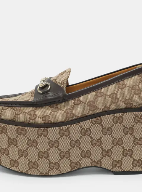 Gucci Horsebit Size 38 Beige GG Canvas and Leather Loafers