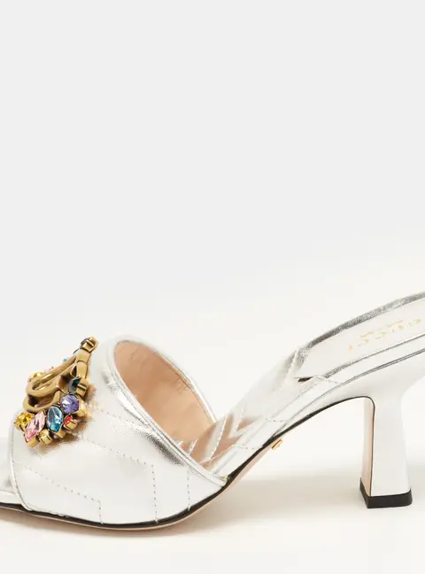 Gucci GG Marmont Crystal Size 36 Silver Quilted Leather Slide Sandals