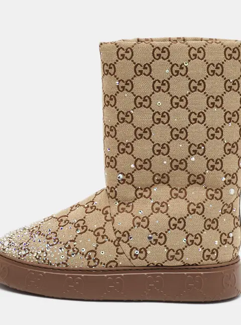 Gucci Size 38.5 Brown Microguccissima Canvas and Leather Crystal Embellished Snow Boots