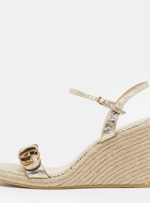 Gucci GG Marmont Size 40 Gold Foil Leather Wedge Sandals
