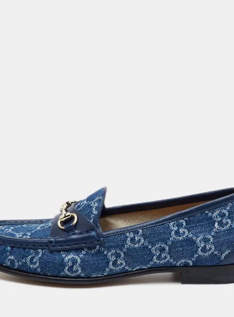 Gucci 1953 Horsebit Size 36 Navy Blue GG Denim and Leather Slip On Loafers