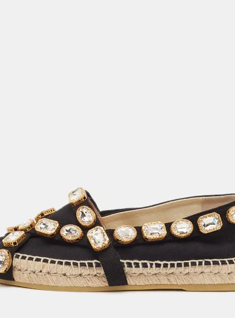 Gucci Pepita Crystal Embellished Size 37 Black Canvas Espadrille Flats