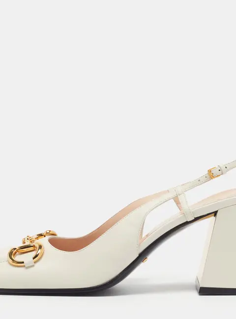 Gucci Horsebit Size 42 Off White Leather Block Heel Slingback Pumps