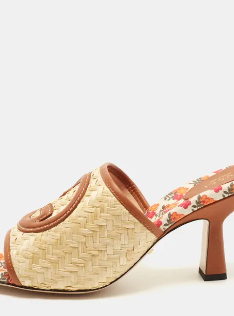 Gucci Interlocking G Size 38.5 Brown Leather and Raffia Slide Sandals