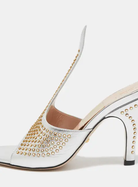 Gucci Silver Leather Studded Cone Slide Sandals Size 36.5