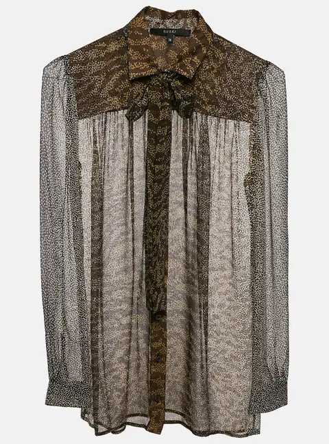 Gucci Brown Printed Chiffon Tie-Up Detail Sheer Shirt S