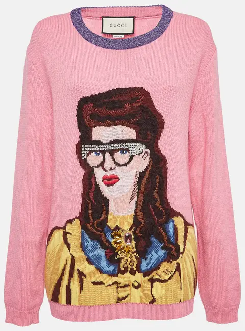 Gucci Pink Embellished & Patterned Wool Knit Sweater XL