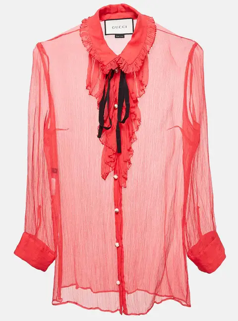 Gucci Pink Chiffon Ruffled Sheer Shirt M