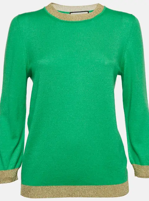 Gucci Green Lurex Trim Cashmere Knit Long Sleeve Top L