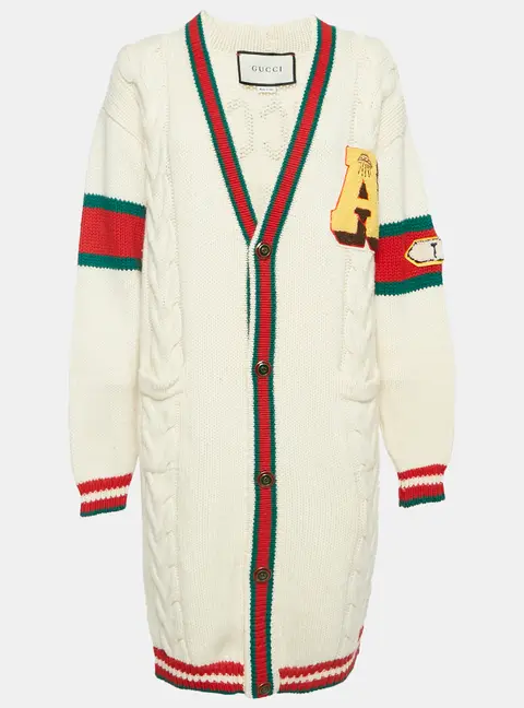 Gucci Cream Cable Knit Web Trim Applique Detail Cardigan M