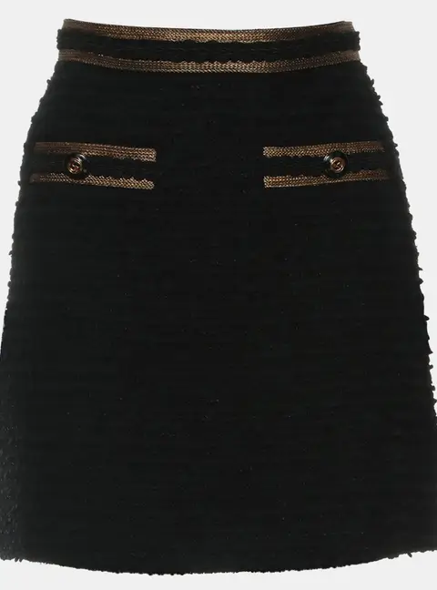 Gucci Black & Gold Wool Tweed GG Logo Button Mini Skirt S