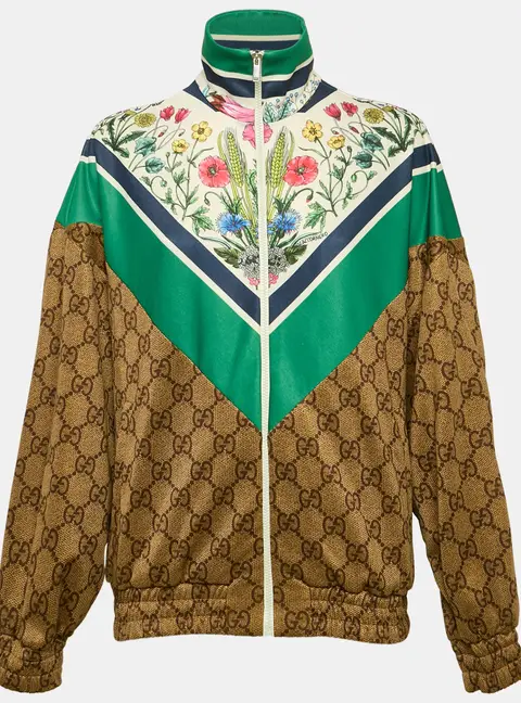 Gucci Brown/Green Floral and GG Print Jersey Zip-Up Track Jacket XXS