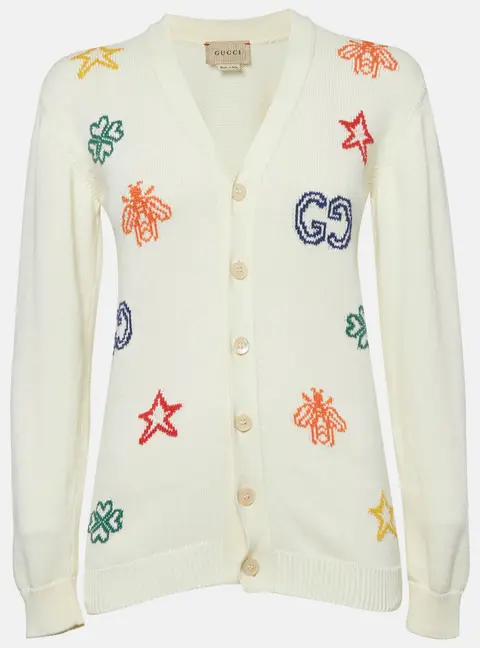 Gucci Cream Intarsia Cotton Knit Cardigan XL