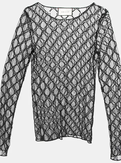 Gucci Black GG Embroidered Tulle Long Sleeve Sheer Top S