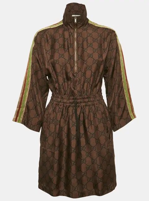 Gucci Brown GG Monogram Print Silk Contrast Tape Trimmed Mini Dress S