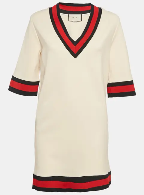 Gucci Cream Jersey Grosgrain-Trim Mini Dress M