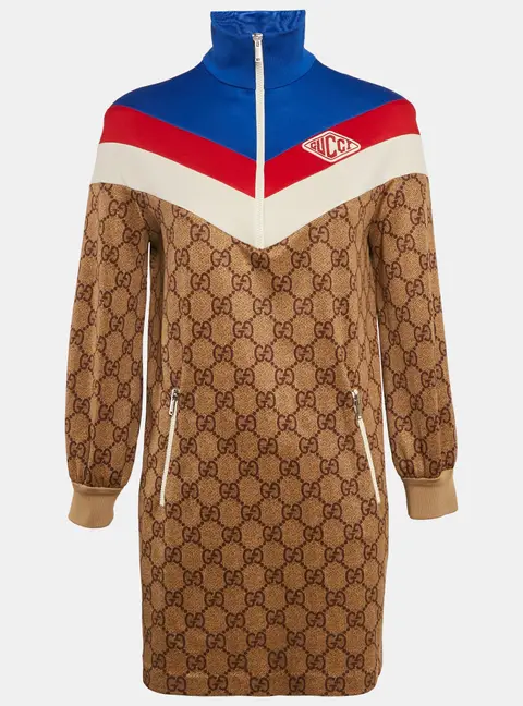 Gucci Brown GG Monogram Print Technical Jersey Web Detail Mini Dress XS