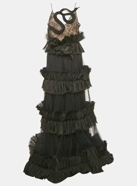 Gucci Black Beaded Crepe and Tulle Tiered Gown M