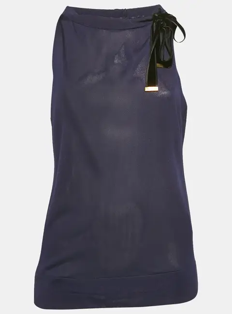 Gucci Navy Blue Jersey Tie-Up Neck Detail Top M
