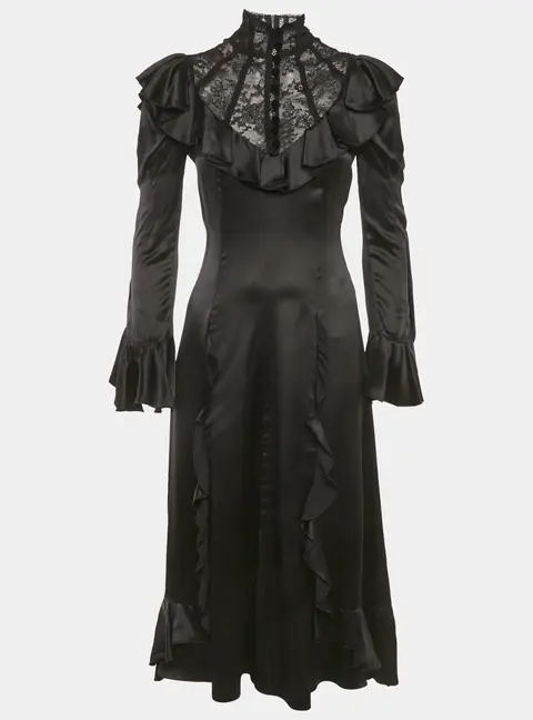 Gucci Black Lace Trim Satin Ruffled Midi Dress S