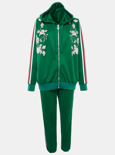 Gucci Green Floral Embroidered Cotton Blend Knit Tracksuit XL/L