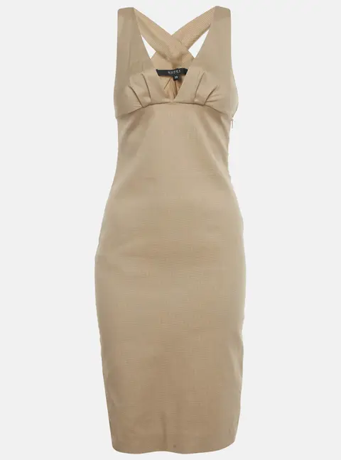 Gucci Beige Patterned Cotton Plunge Neck Midi Dress S