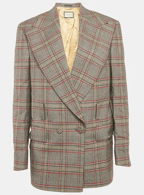 Gucci Multicolor Checkered Wool Double Breasted Oversize Blazer XS
