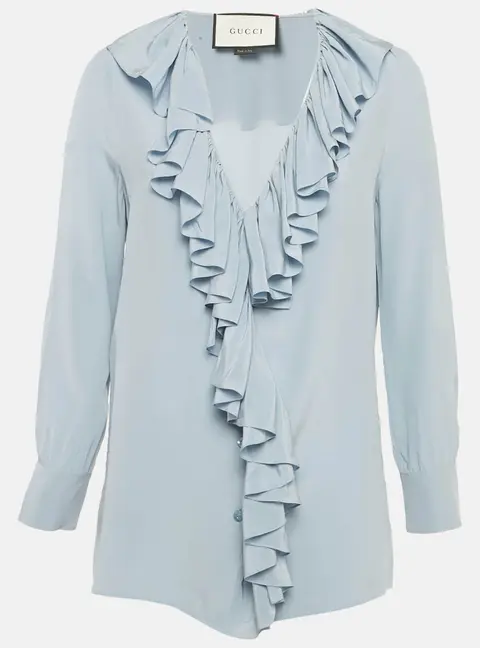 Gucci Blue Silk Ruffled Blouse S