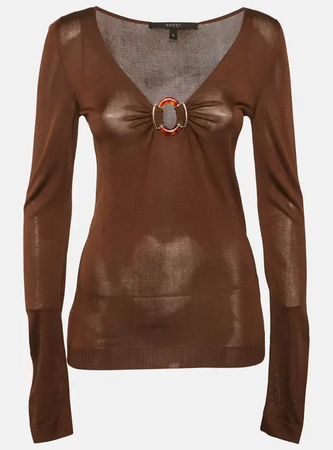 Gucci Brown Jersey Neck Detail Fitted Top S