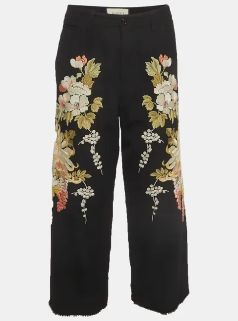 Gucci Black Floral Embroidered Wool Trousers S