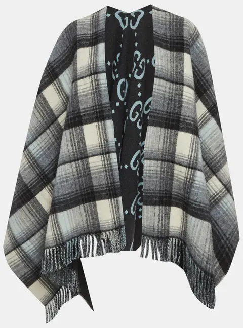 Gucci Grey Checkered Wool Poncho