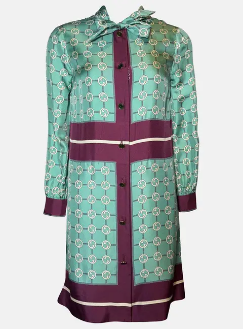 Gucci Silk Teal/Purple GG Printed Silk Button-Up Neck Tie Dress XS
