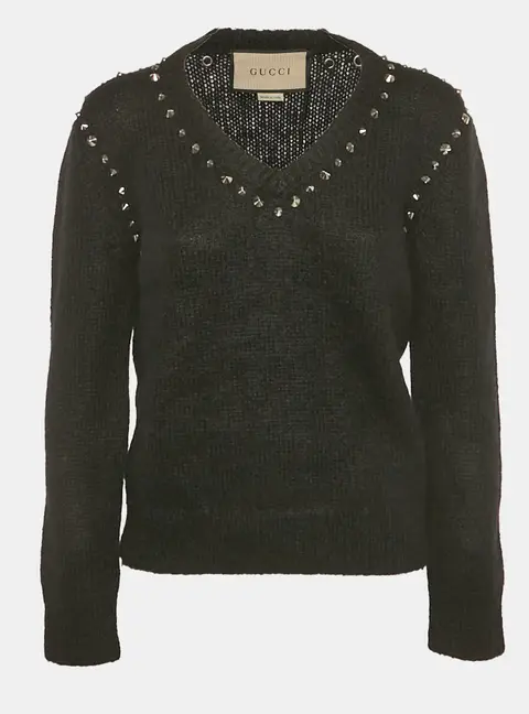 Gucci Black Studded Mohair Wool V-Neck Sweater S