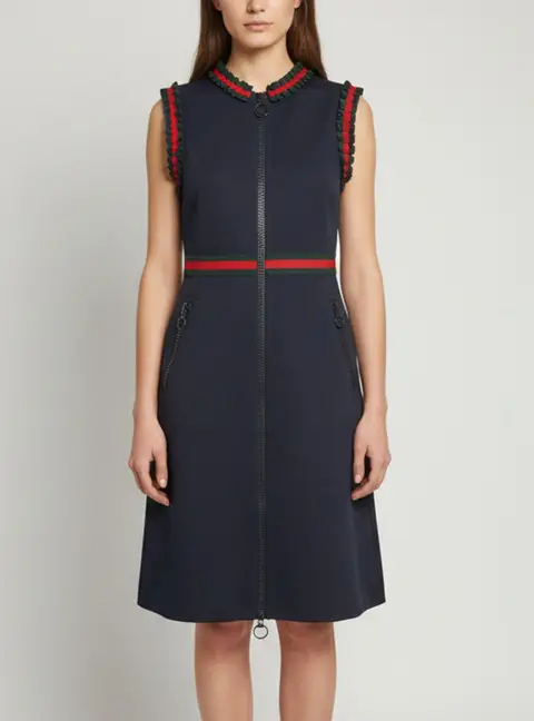 Gucci Navy Blue Web Trim Frill Sleeveless Dress L