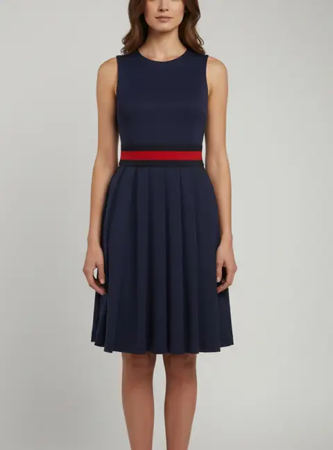 Gucci Navy Blue Gabardine Waist Detail Pleated Short Dress XS